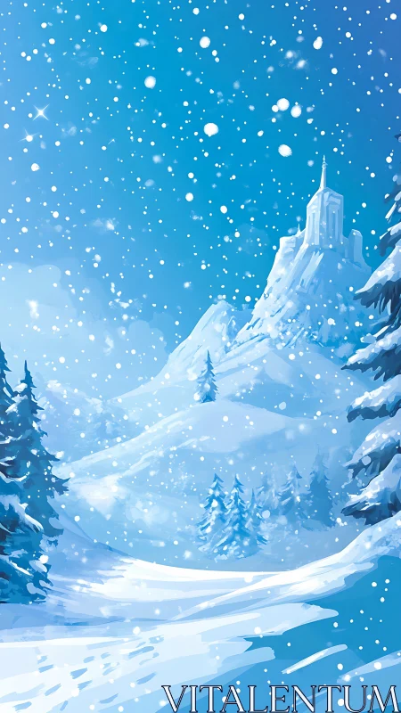 Snowy mountain castle rises above a serene winter valley