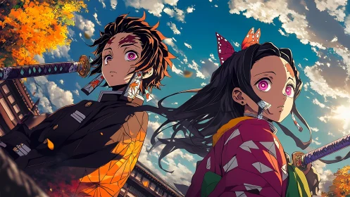 Anime duo in dynamic autumn battlefield composition.