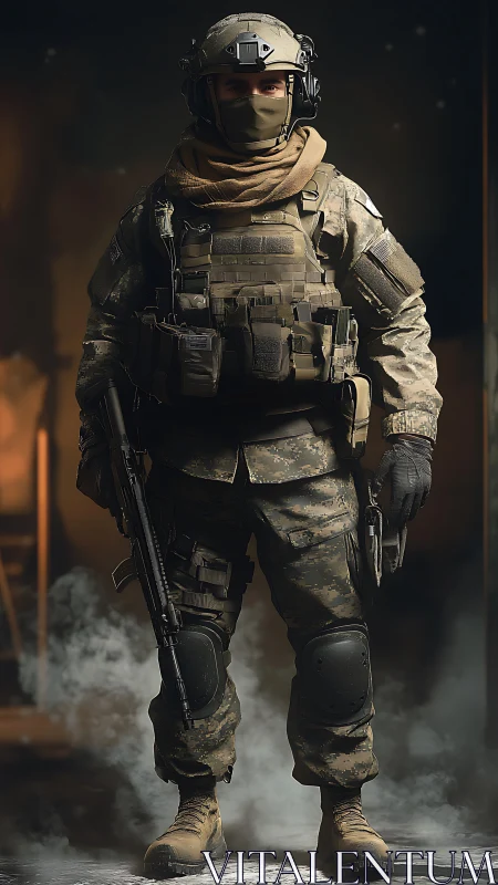 Modern soldier in full tactical gear holding rifle indoors.