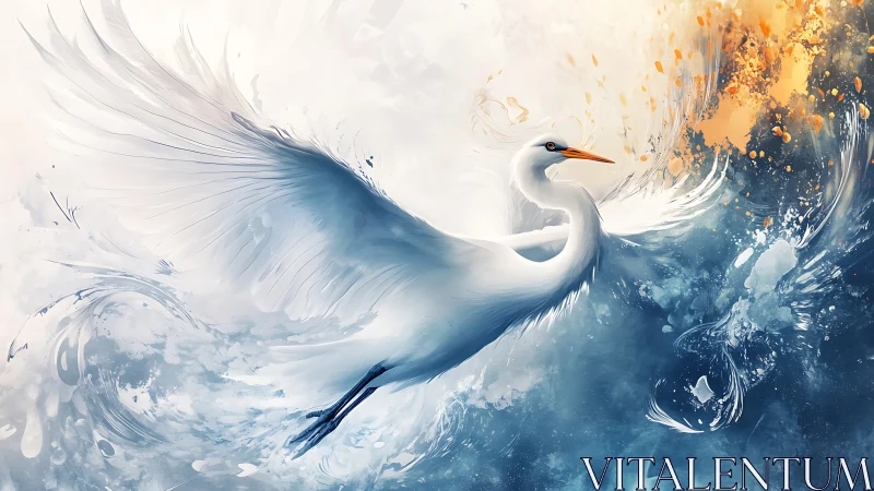 Ethereal white heron in swirling water and light burst.