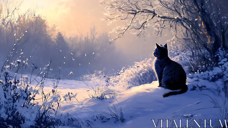 Black Cat at Winter Dusk in Snowy Forest Path.