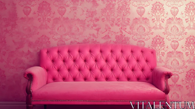 Bold pink tufted sofa against ornate damask wallpaper backdrop.
