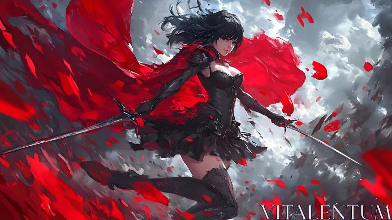 Dynamic anime swordswoman in black armor with crimson cape in motion