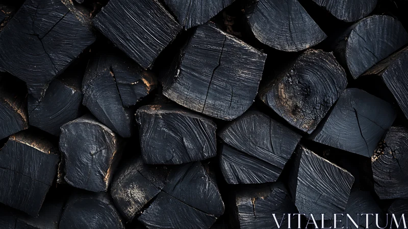 Stacked Charcoal Logs with Angular Cross-Section Analysis and Weathered Surface Texture