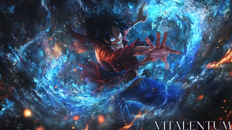 Dynamic anime hero channeling swirling blue elemental vortex