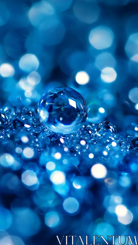 Single water droplet in blue macro bokeh environment