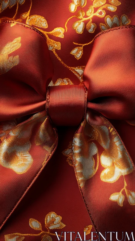 Satin bow closeup on red floral brocade fabric surface.