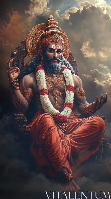 Divine sage seated on ornate throne amid storm clouds.