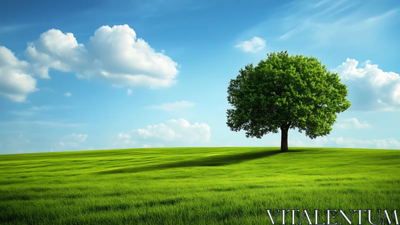 Lone tree on green meadow under blue sky, realistic landscape art.