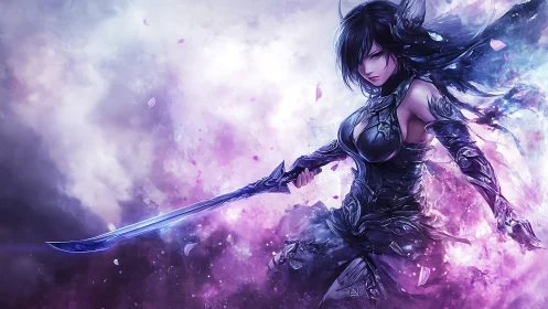 Dark blade warrior cuts through swirling violet storm.