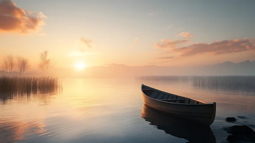 Solitary wooden rowboat on misty sunrise lakeshore panorama.