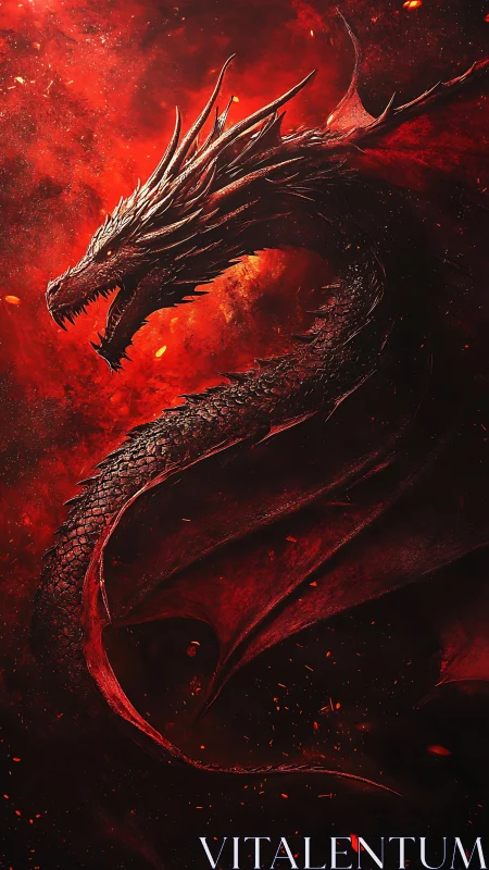 Infernal crimson dragon coiled in swirling embers.