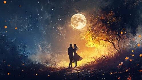 Couple Under Moonlight. Romantic night illuminated by golden glow.
