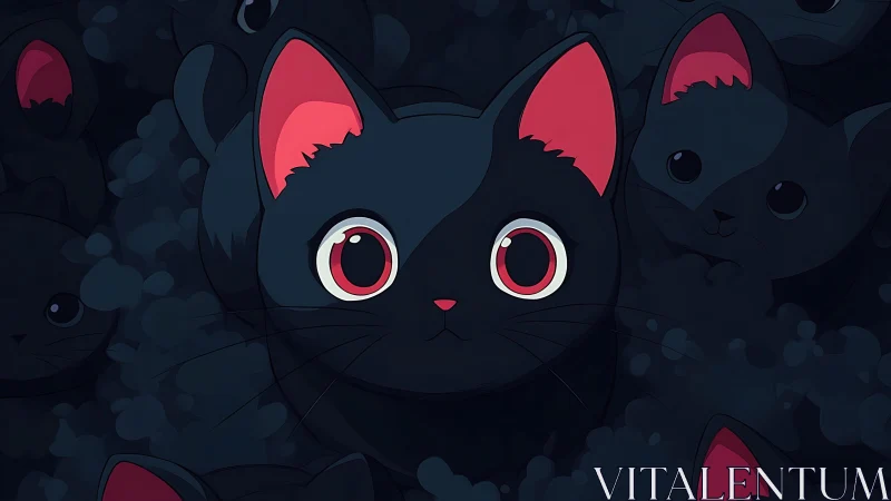 Black cat with glowing red eyes surrounded by darker feline silhouettes