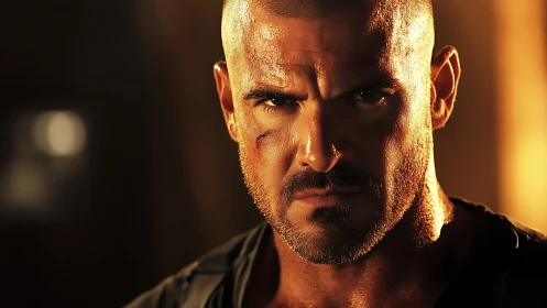 Battle-hardened warrior in molten-gold cinematic close-up.