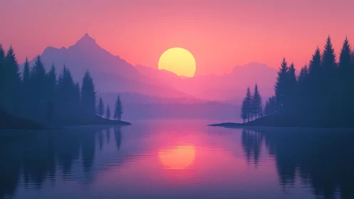 Sunset sun over misty mountains reflected in calm lake