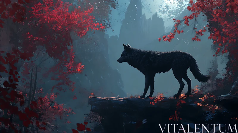 Silhouette of wolf on rocky ledge in red forest landscape.