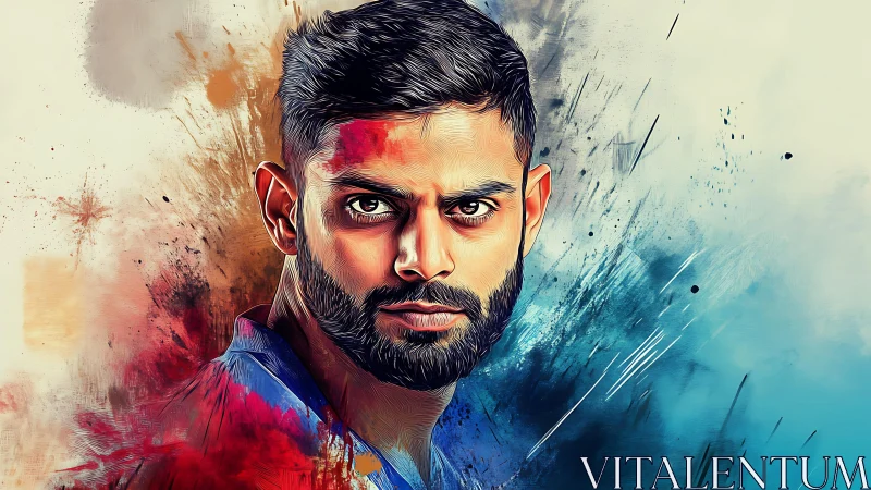 Intense male portrait divides warm and cool abstract fields