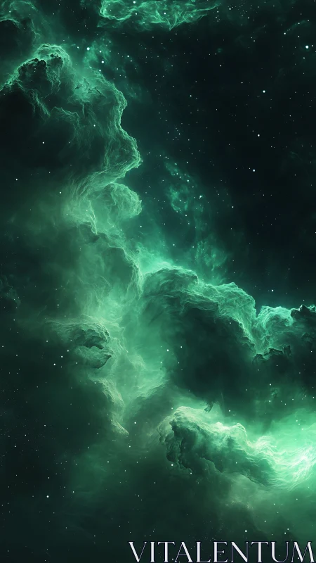 Emerald nebula storms curl through silent cosmic night skies.