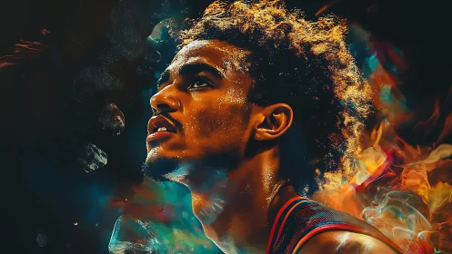 Basketball player rises through neon fire and swirling color.