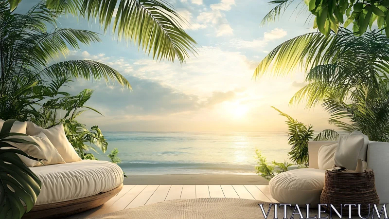 Sunlit tropical deck with cushioned loungers and balanced foliage