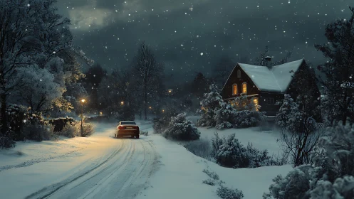 Snowy winter night road leading to a warmly lit cottage.