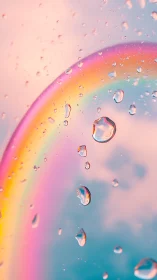 Macro water droplets intersect a pastel atmospheric rainbow
