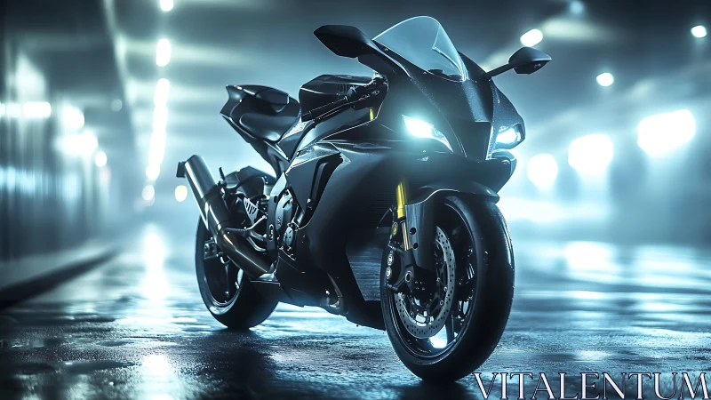 Midnight superbike prowls through neon misted tunnel light