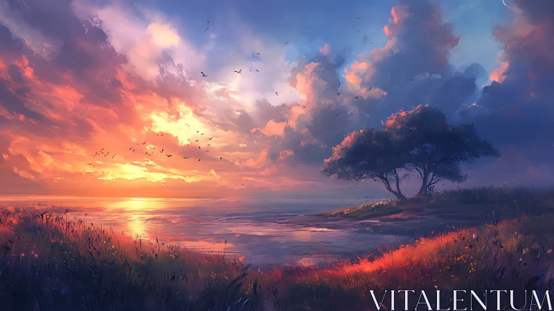 Ember kissed shoreline under stormlit sky of wandering birds.