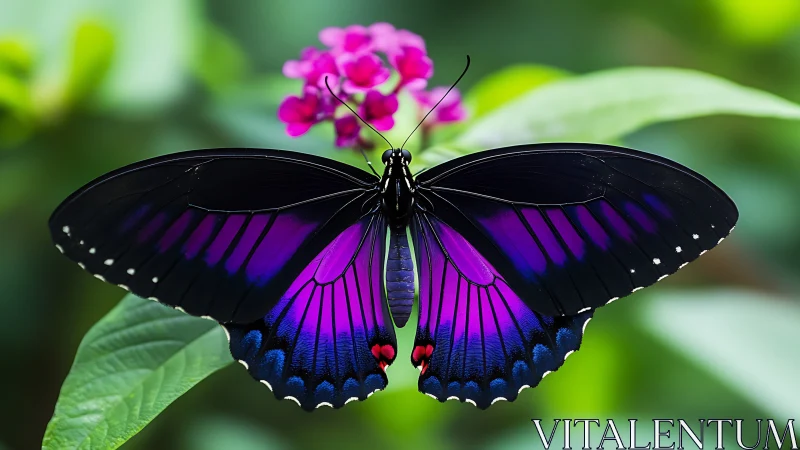 Purple and black butterfly on leaf with blurred flowers.