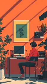 Person working at minimalist computer desk in orange room.
