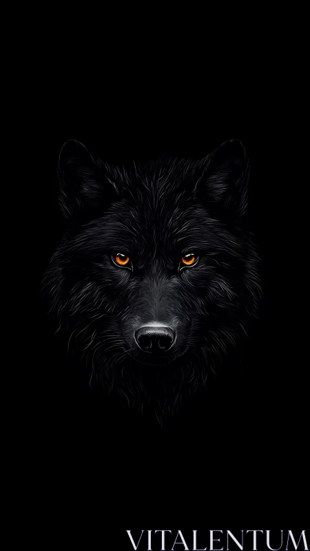 Black wolf portrait with glowing orange eyes on black background.
