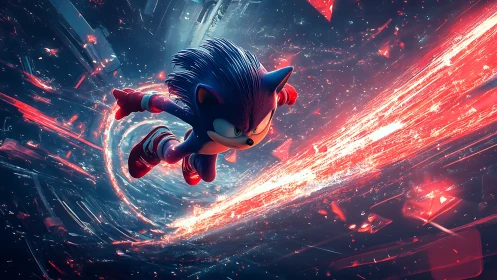 Speeding blue hero rides a blazing neon energy trail.