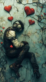 Figure in gas mask against cracked wall with red hearts.