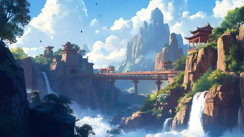 Mountain temple bridge spans misty waterfalls in stylized light