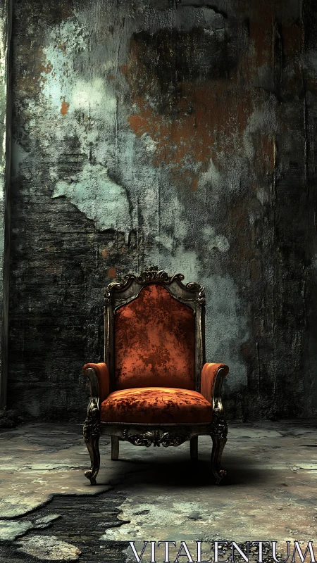 Ornate velvet armchair in decayed industrial interior.