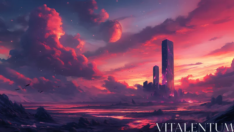 Monolithic alien towers pierce magenta nebular sunset sky