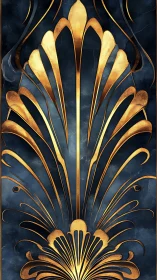 Golden Art Deco flourish rises over deep blue background.
