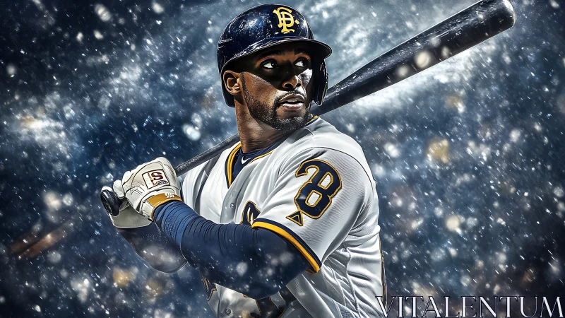 Dramatic digital portrait captures poised baseball batter in snow