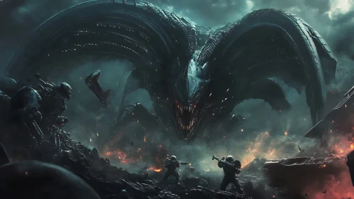 Colossal biomech alien confronts armored soldiers in firestorm.