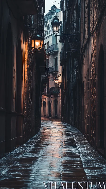 Narrow wet alley reflects warm lantern light after rainfall