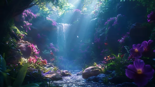 Volumetric light cascades over dense floral canyon waterfall