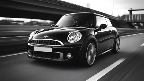 Glossy black compact hatchback on highway in dynamic motion