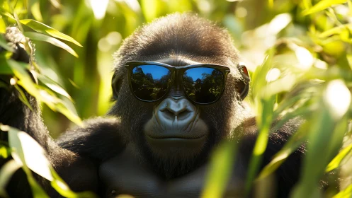 Gorilla wearing sunglasses relaxes amid dense sunlit jungle