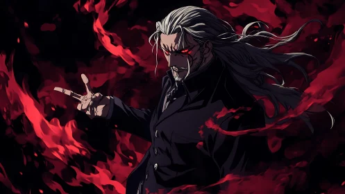 Silver haired dark sorcerer with red ocular glow and infernal aura