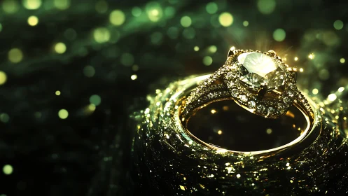 Radiant diamond ring sparkles warmly in a dreamy glow