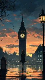 Backlit clock tower and lone figure under reflective wet pavement