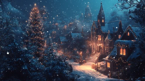 Snowlit village quietly hums beneath sparkling winter spells