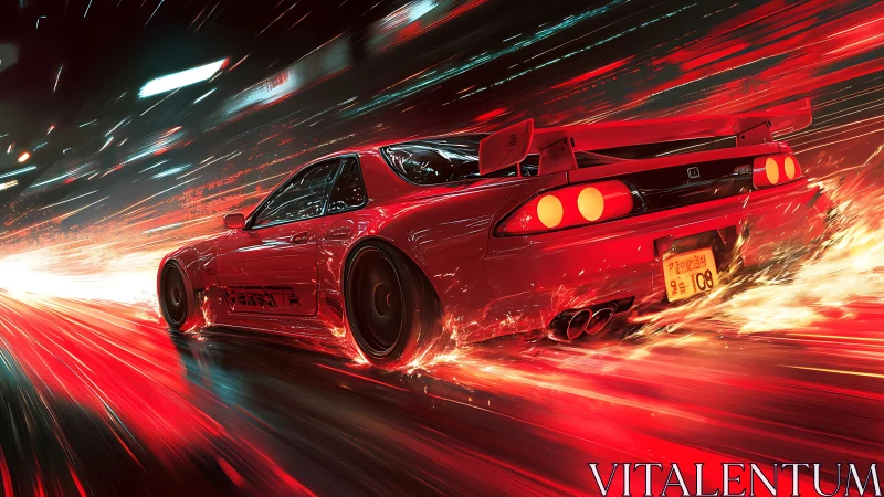Neon red drift car slicing through blazing city speedway.