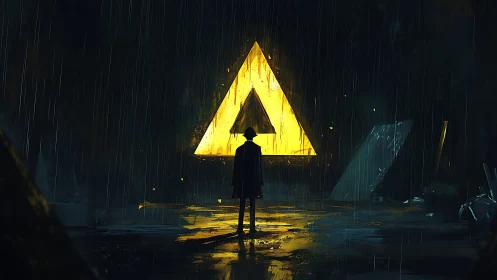 Wanderer in the rain before a glowing golden portal.
